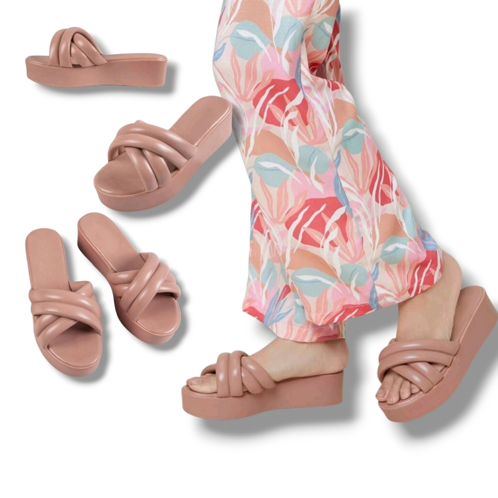 Women's Dusty Pink Vegan Learher Padded Slip-On Platform Sandals